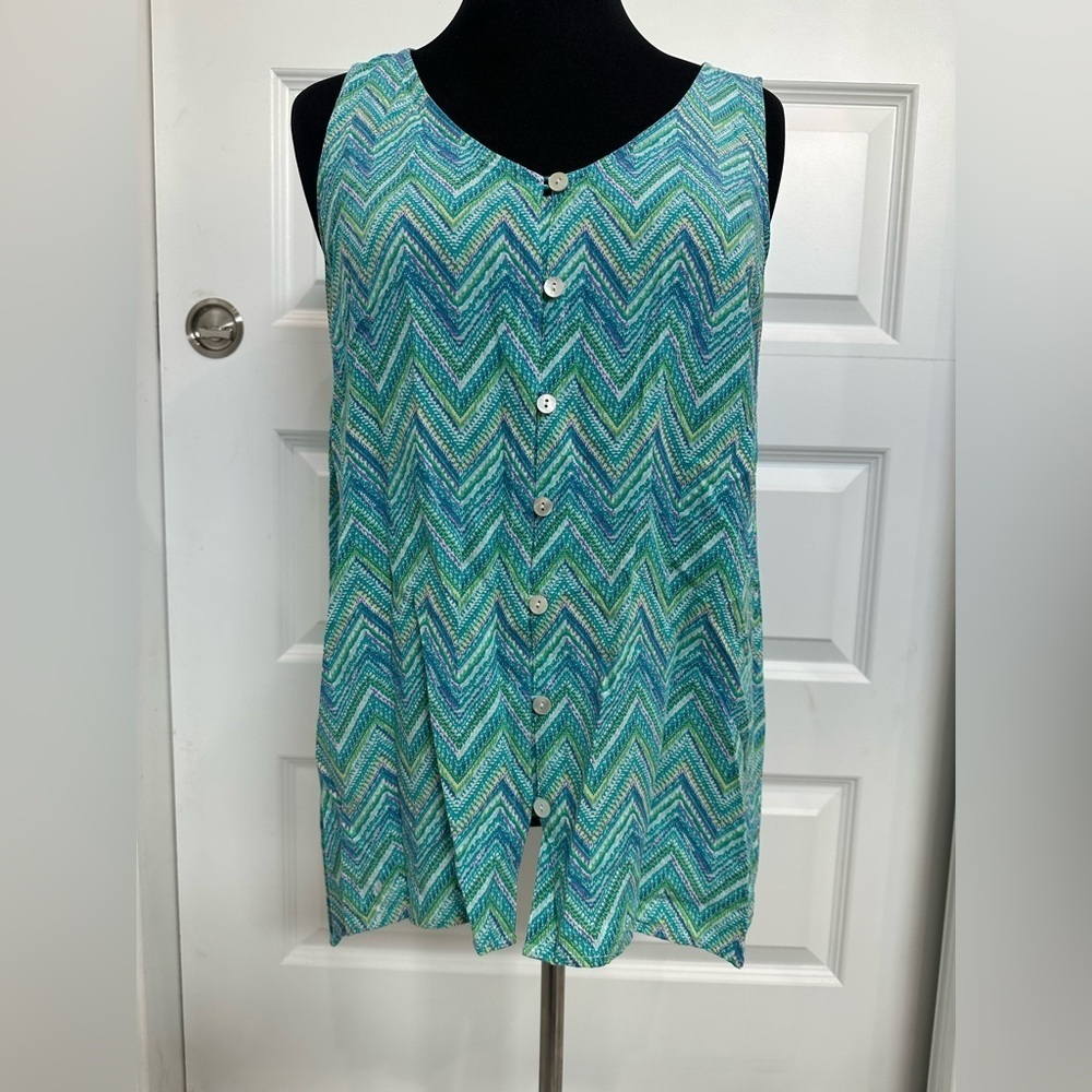 J.JILL Tank Top S Colorful Button Front Tunic Sleeveless Chevron Multi-color EUC